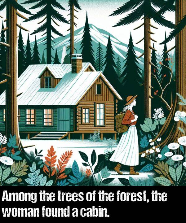 cabin: Among the trees of the forest, the woman found a cabin.