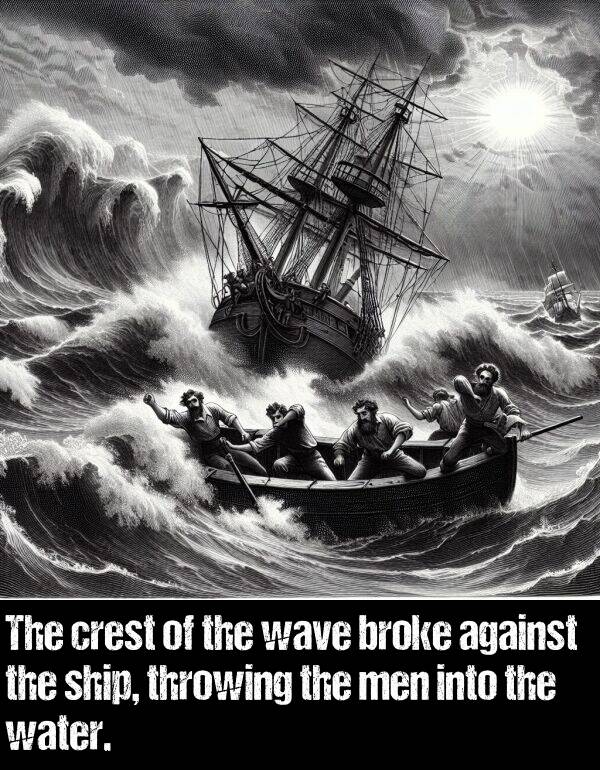 wave: The crest of the wave broke against the ship, throwing the men into the water.