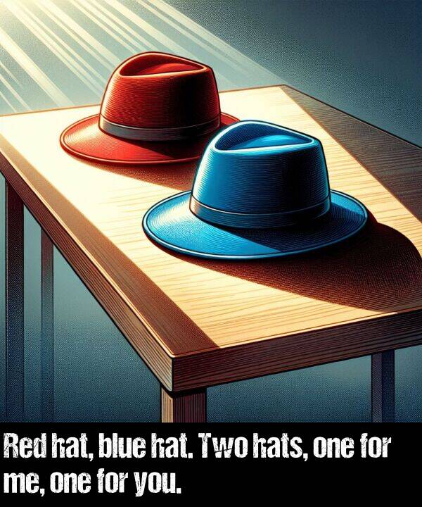 blue: Red hat, blue hat. Two hats, one for me, one for you.