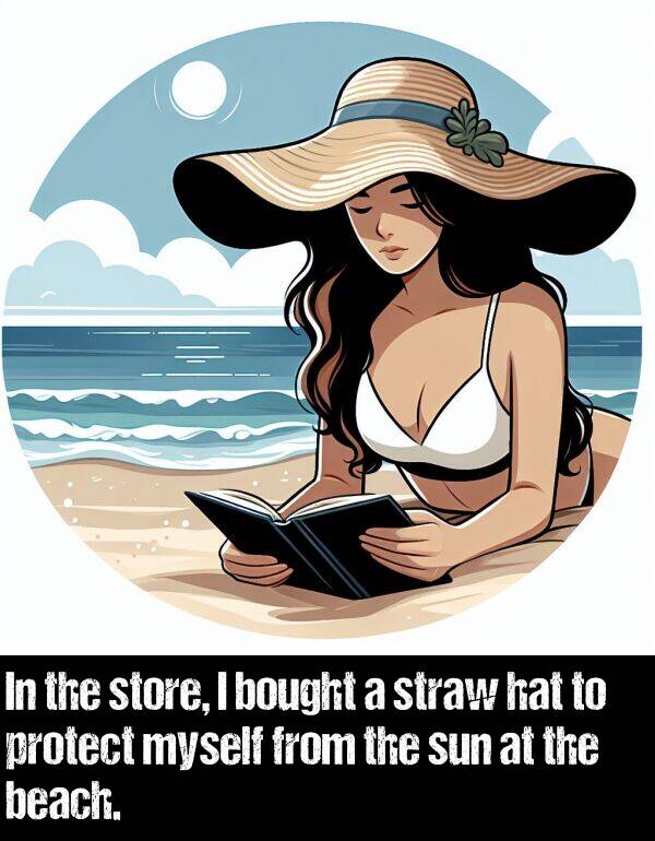 beach: In the store, I bought a straw hat to protect myself from the sun at the beach.