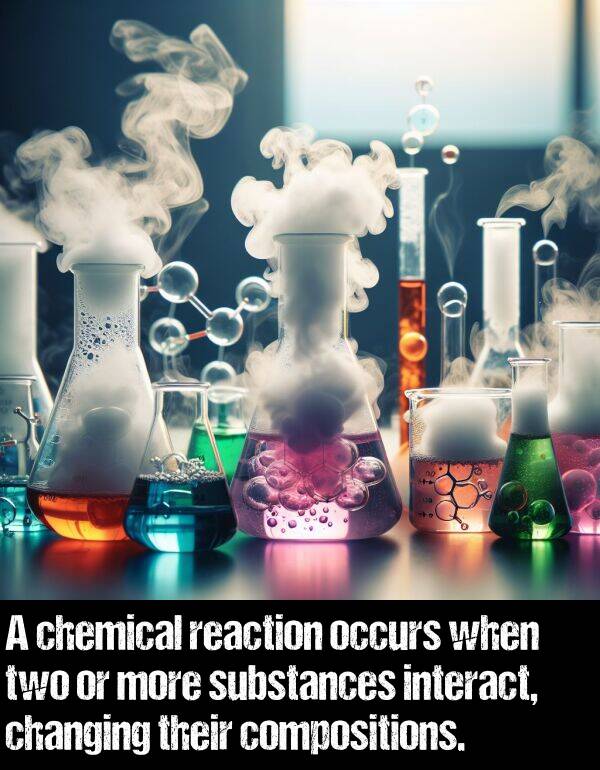reaction: A chemical reaction occurs when two or more substances interact, changing their compositions.