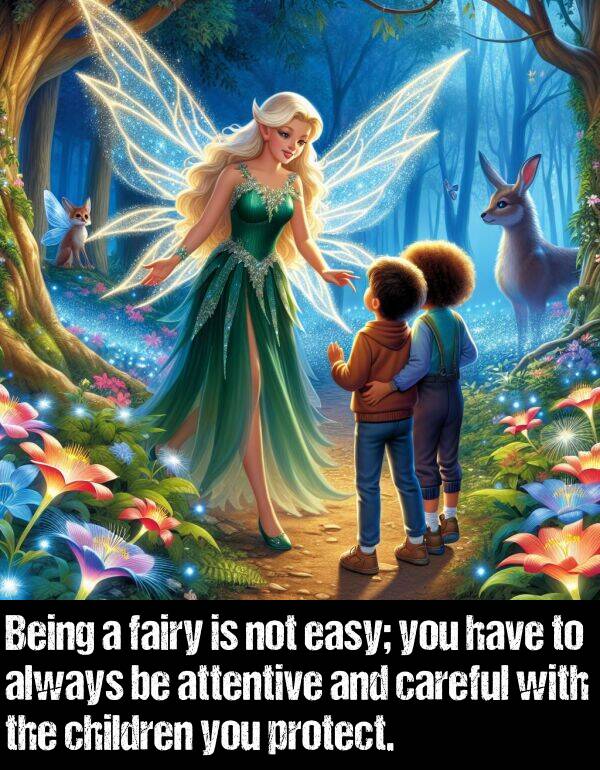 easy: Being a fairy is not easy; you have to always be attentive and careful with the children you protect.