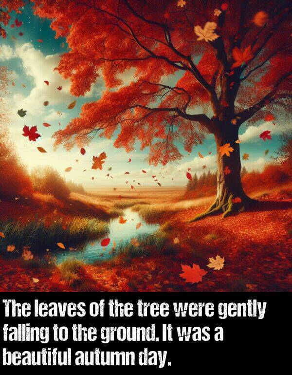 falling: The leaves of the tree were gently falling to the ground. It was a beautiful autumn day.