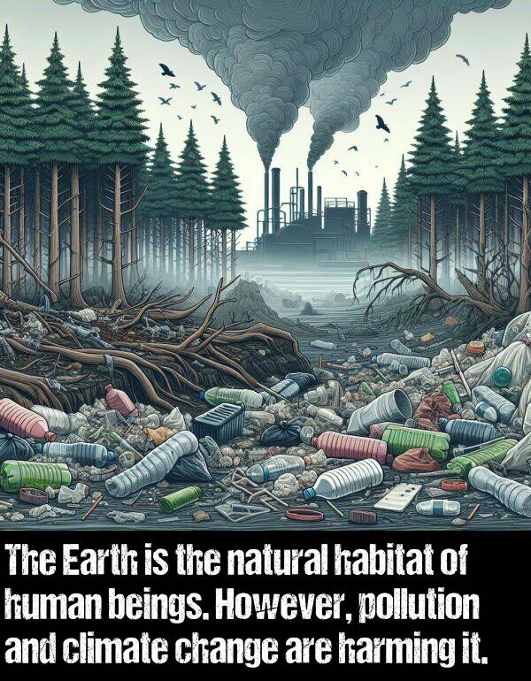 beings: The Earth is the natural habitat of human beings. However, pollution and climate change are harming it.