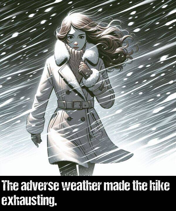 weather: The adverse weather made the hike exhausting.