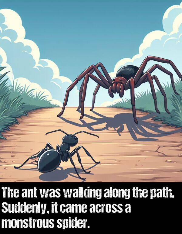 path: The ant was walking along the path. Suddenly, it came across a monstrous spider.