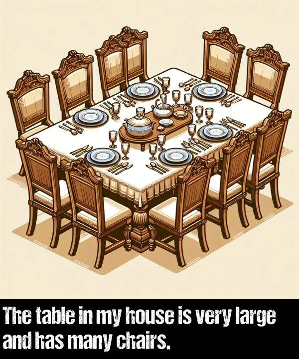 large: The table in my house is very large and has many chairs.