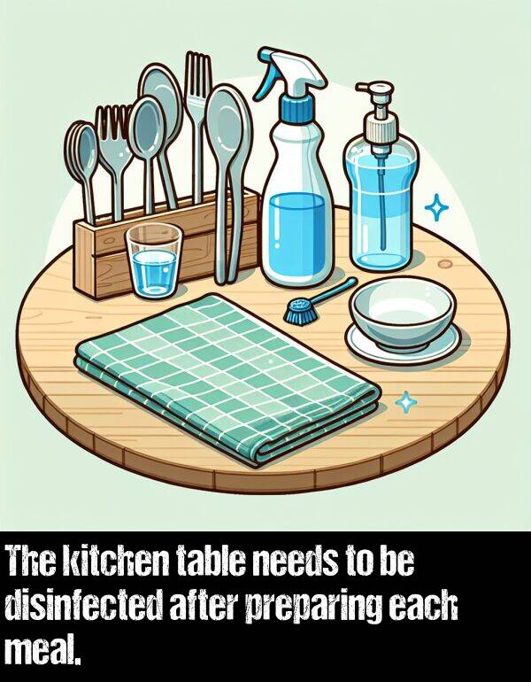 each: The kitchen table needs to be disinfected after preparing each meal.