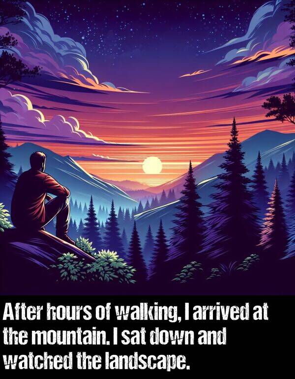 landscape: After hours of walking, I arrived at the mountain. I sat down and watched the landscape.