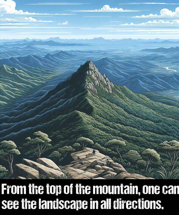 landscape: From the top of the mountain, one can see the landscape in all directions.