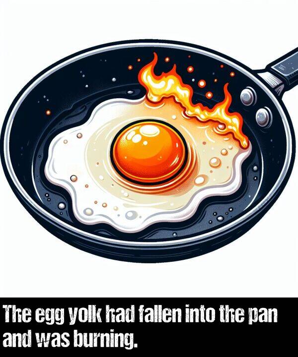 burning: The egg yolk had fallen into the pan and was burning.