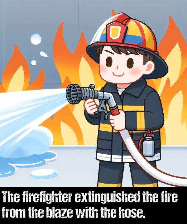 fire: The firefighter extinguished the fire from the blaze with the hose.