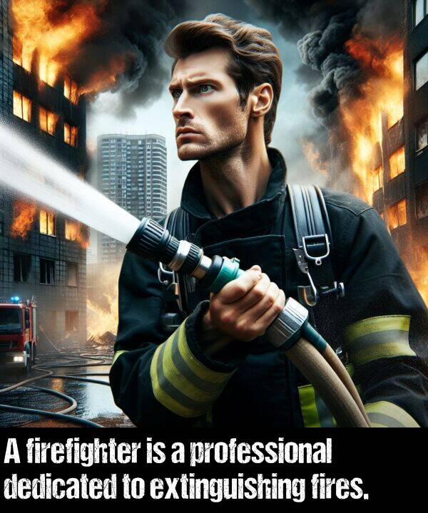 dedicated: A firefighter is a professional dedicated to extinguishing fires.