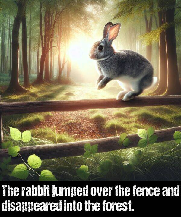 fence: The rabbit jumped over the fence and disappeared into the forest.