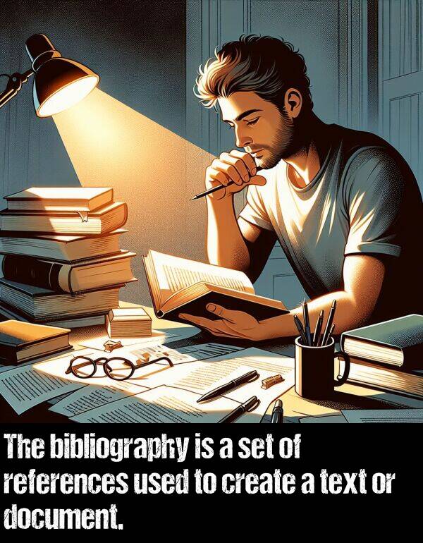 set: The bibliography is a set of references used to create a text or document.