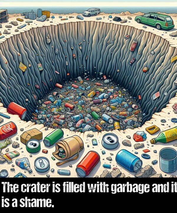 garbage: The crater is filled with garbage and it is a shame.