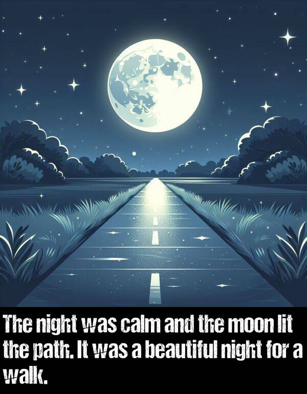 path: The night was calm and the moon lit the path. It was a beautiful night for a walk.