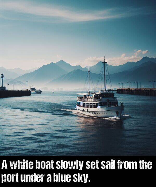 boat: A white boat slowly set sail from the port under a blue sky.