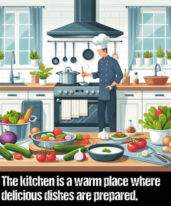 where: The kitchen is a warm place where delicious dishes are prepared.