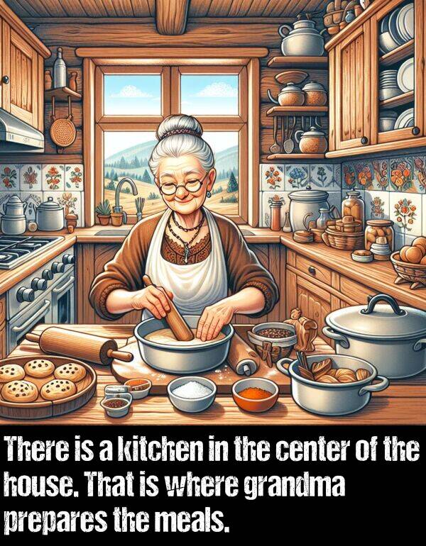 where: There is a kitchen in the center of the house. That is where grandma prepares the meals.