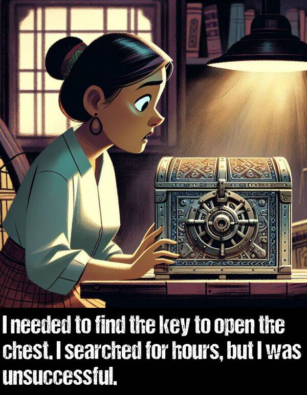 open: I needed to find the key to open the chest. I searched for hours, but I was unsuccessful.