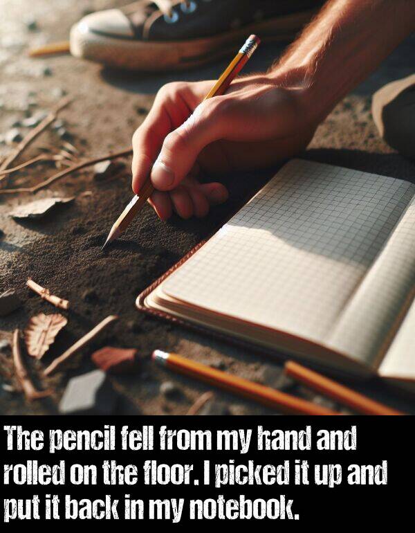 back: The pencil fell from my hand and rolled on the floor. I picked it up and put it back in my notebook.