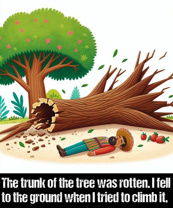 fell: The trunk of the tree was rotten. I fell to the ground when I tried to climb it.