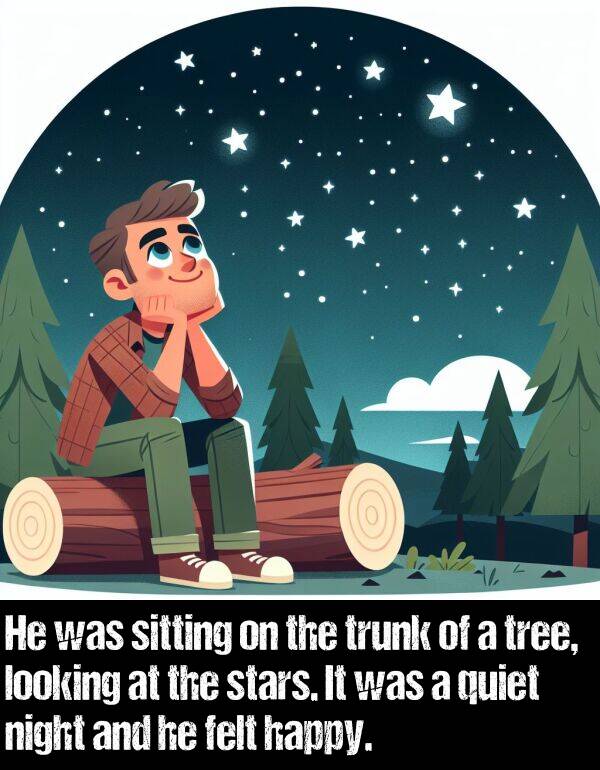 looking: He was sitting on the trunk of a tree, looking at the stars. It was a quiet night and he felt happy.