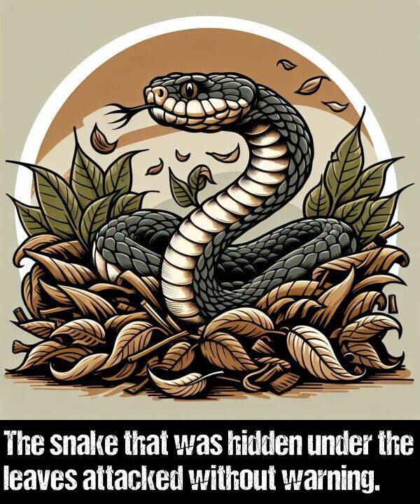 without: The snake that was hidden under the leaves attacked without warning.