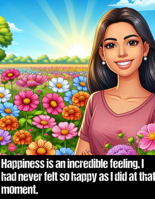 feeling: Happiness is an incredible feeling. I had never felt so happy as I did at that moment.