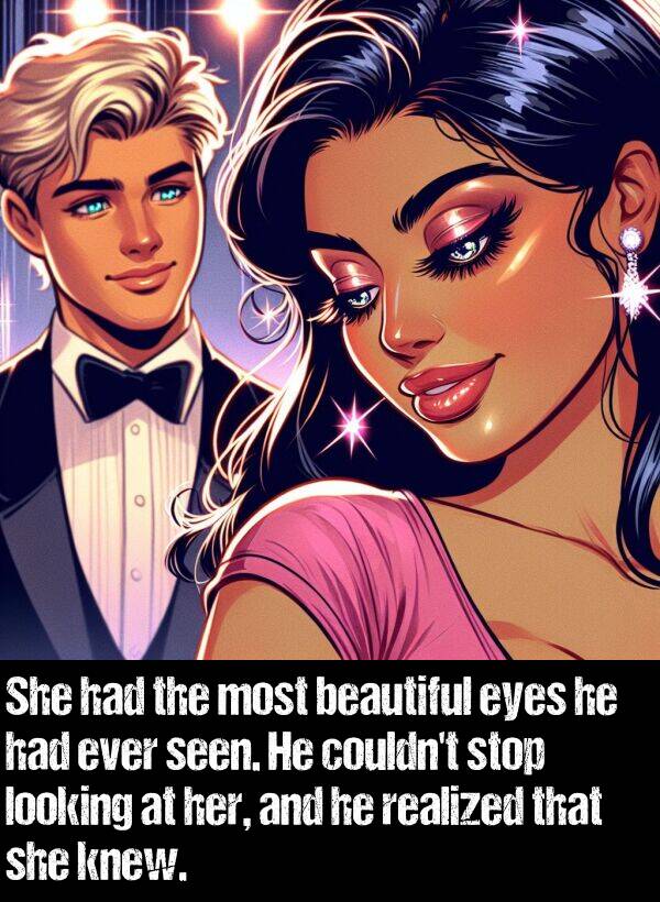 looking: She had the most beautiful eyes he had ever seen. He couldn't stop looking at her, and he realized that she knew.