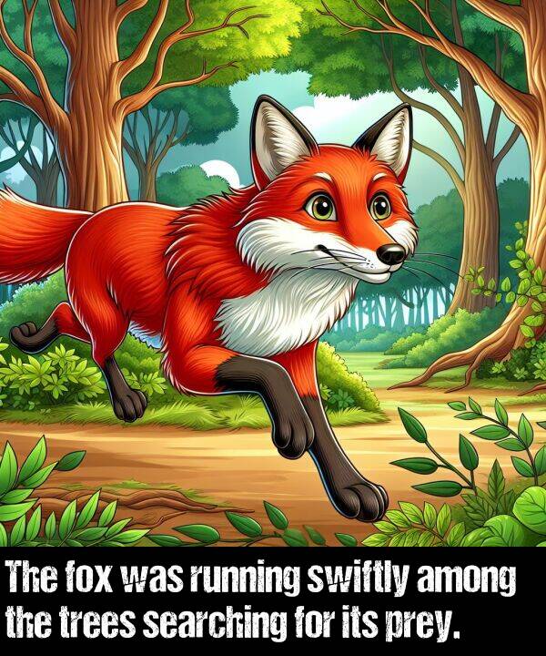 searching: The fox was running swiftly among the trees searching for its prey.