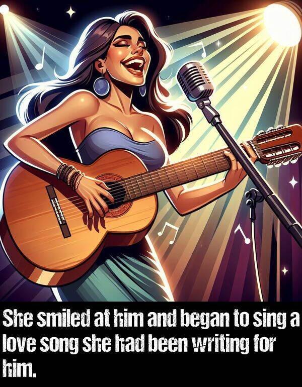 began: She smiled at him and began to sing a love song she had been writing for him.