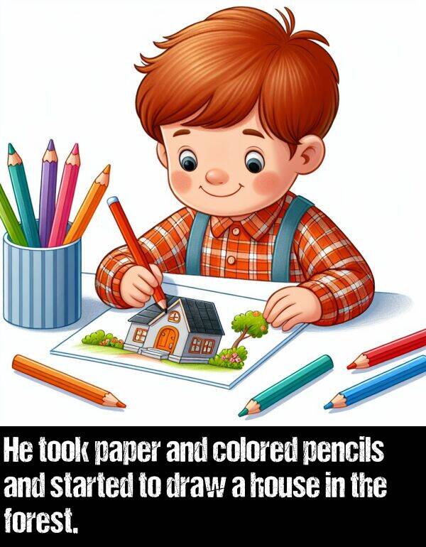 paper: He took paper and colored pencils and started to draw a house in the forest.