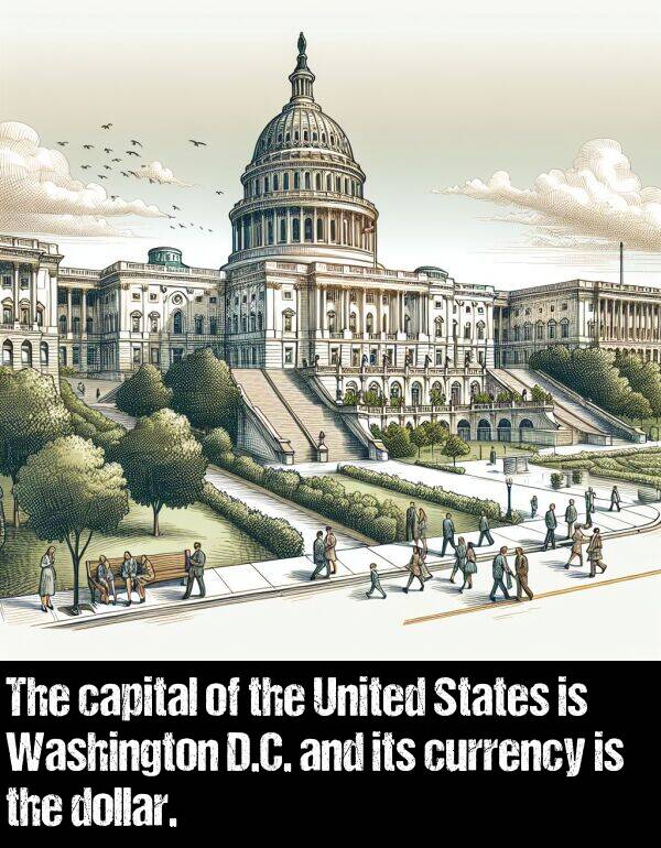 capital: The capital of the United States is Washington D.C. and its currency is the dollar.