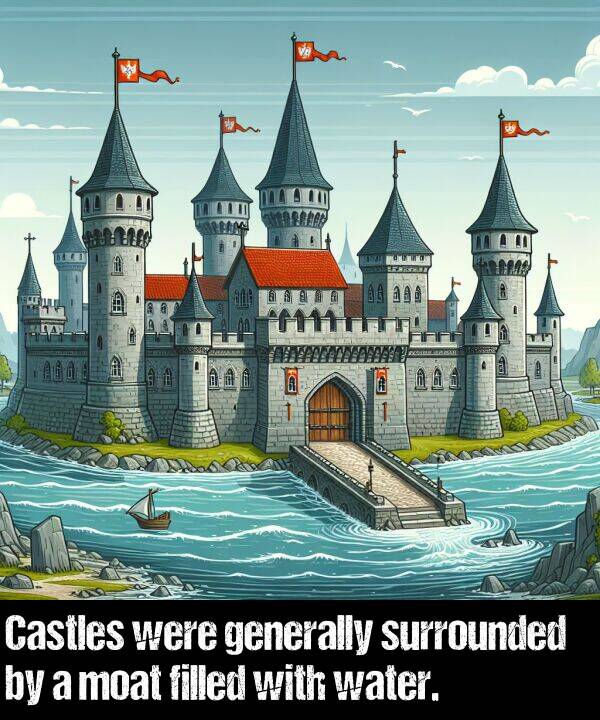 moat: Castles were generally surrounded by a moat filled with water.