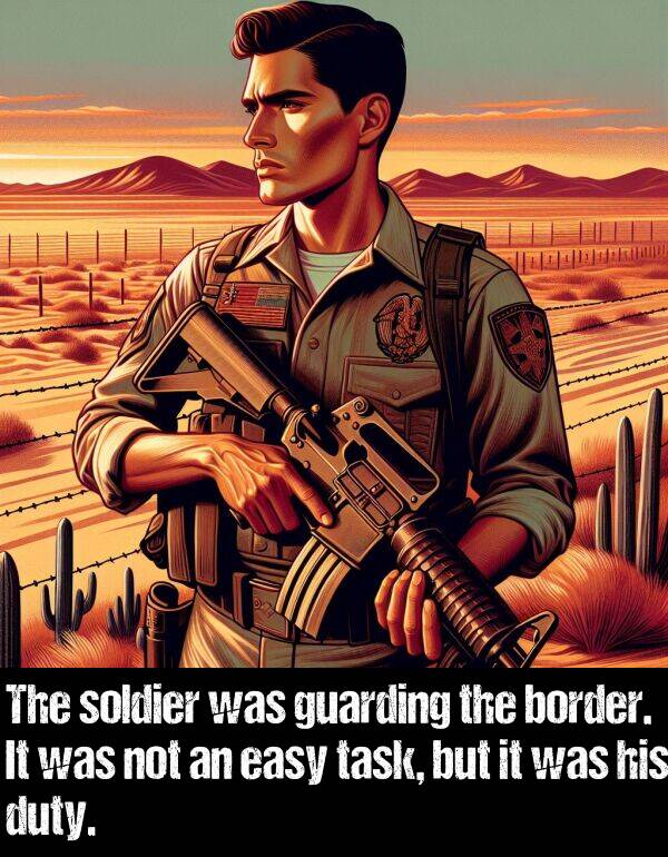 easy: The soldier was guarding the border. It was not an easy task, but it was his duty.