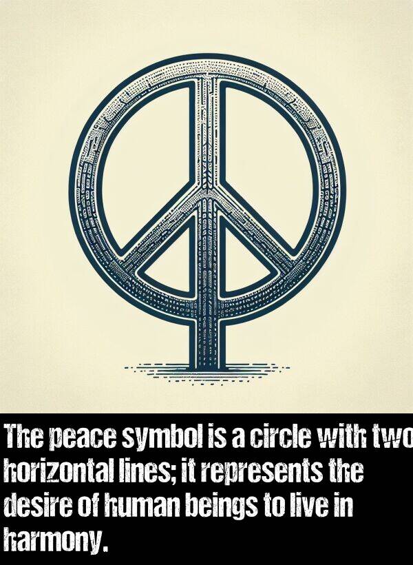 lines: The peace symbol is a circle with two horizontal lines; it represents the desire of human beings to live in harmony.