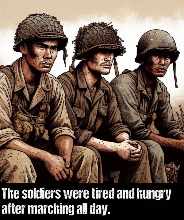 were: The soldiers were tired and hungry after marching all day.
