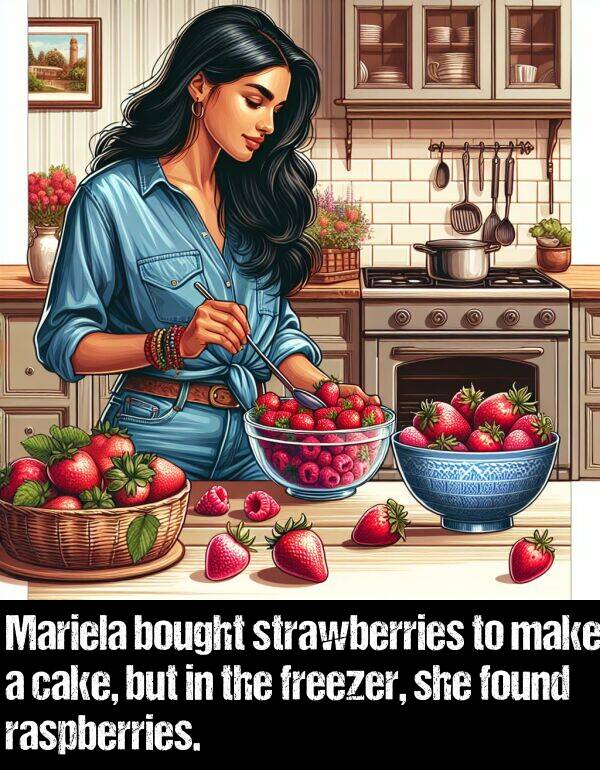make: Mariela bought strawberries to make a cake, but in the freezer, she found raspberries.