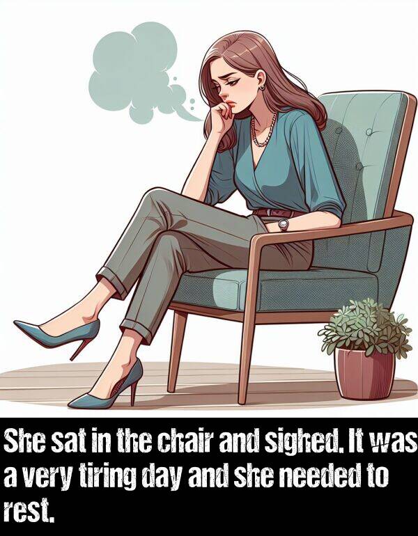 sat: She sat in the chair and sighed. It was a very tiring day and she needed to rest.