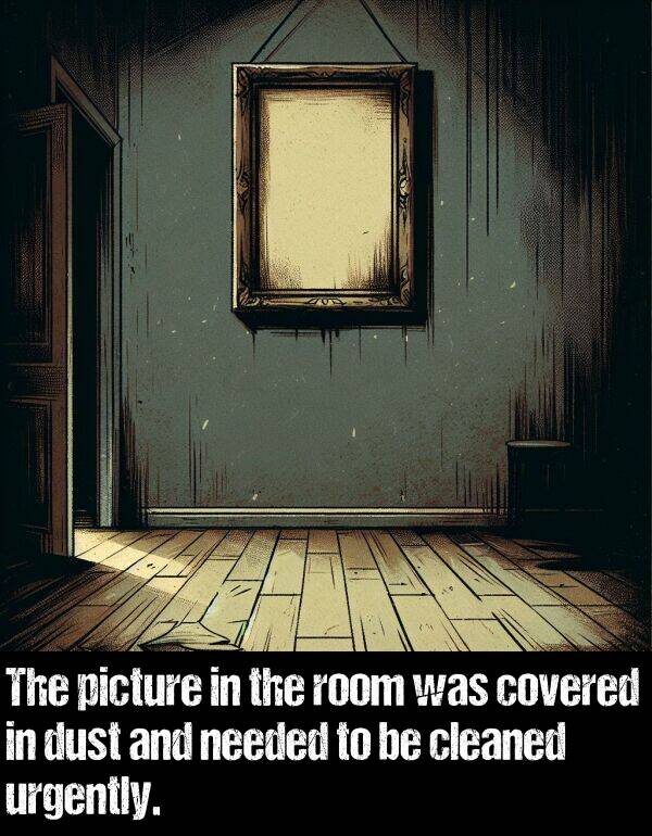 needed: The picture in the room was covered in dust and needed to be cleaned urgently.