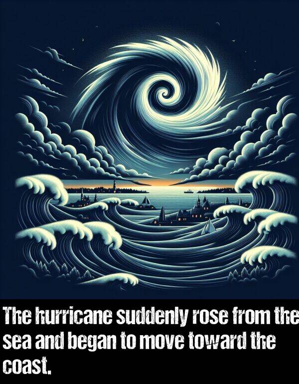 began: The hurricane suddenly rose from the sea and began to move toward the coast.