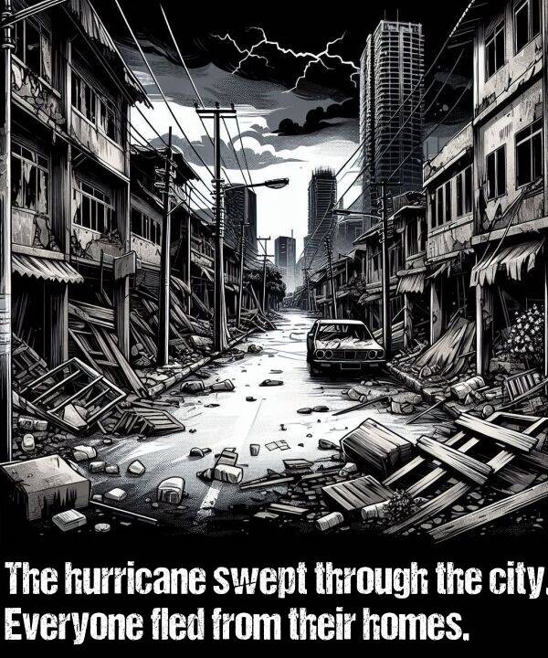 city: The hurricane swept through the city. Everyone fled from their homes.