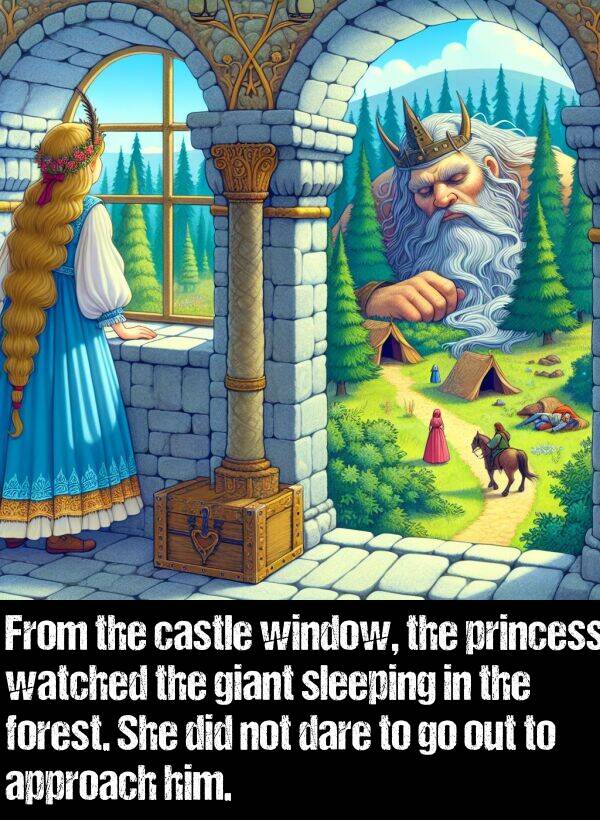 watched: From the castle window, the princess watched the giant sleeping in the forest. She did not dare to go out to approach him.