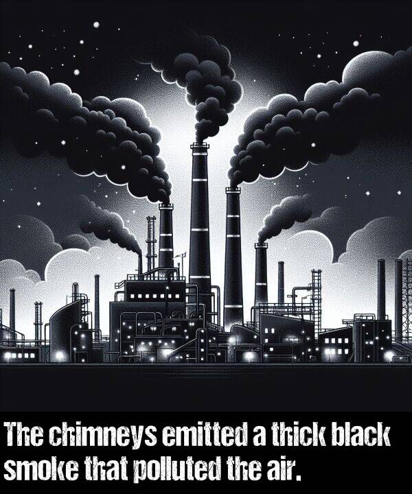 black: The chimneys emitted a thick black smoke that polluted the air.