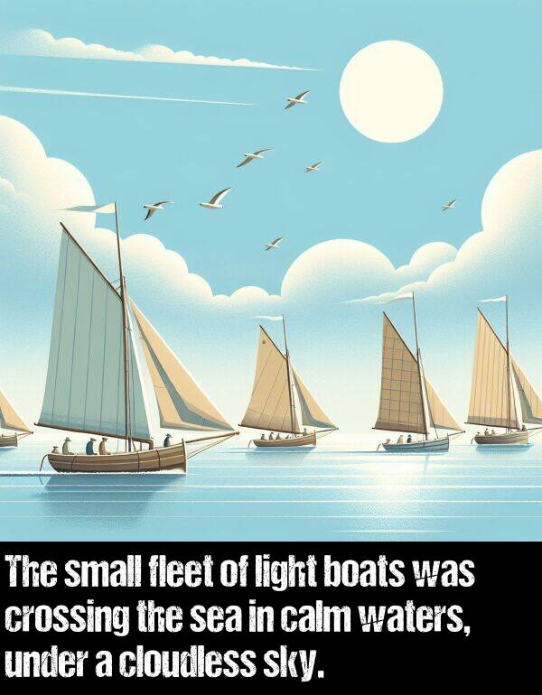 light: The small fleet of light boats was crossing the sea in calm waters, under a cloudless sky.
