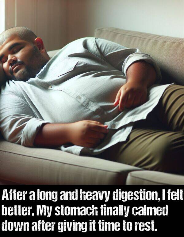 better: After a long and heavy digestion, I felt better. My stomach finally calmed down after giving it time to rest.