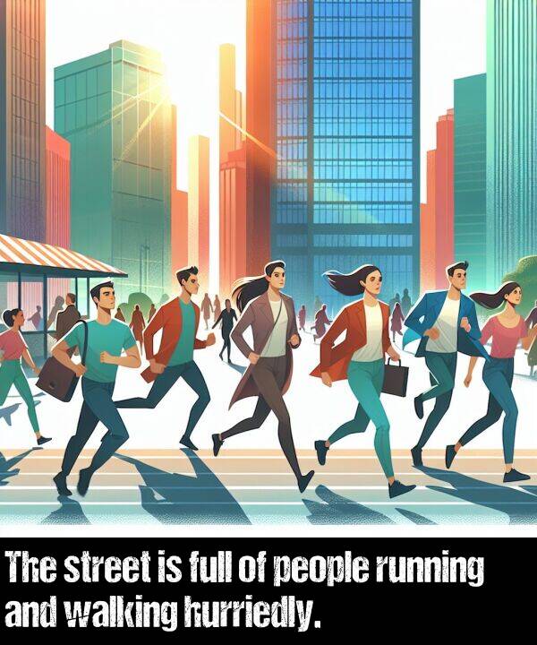 people: The street is full of people running and walking hurriedly.