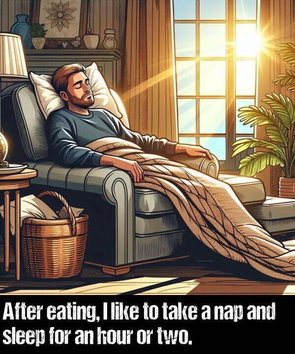 take: After eating, I like to take a nap and sleep for an hour or two.